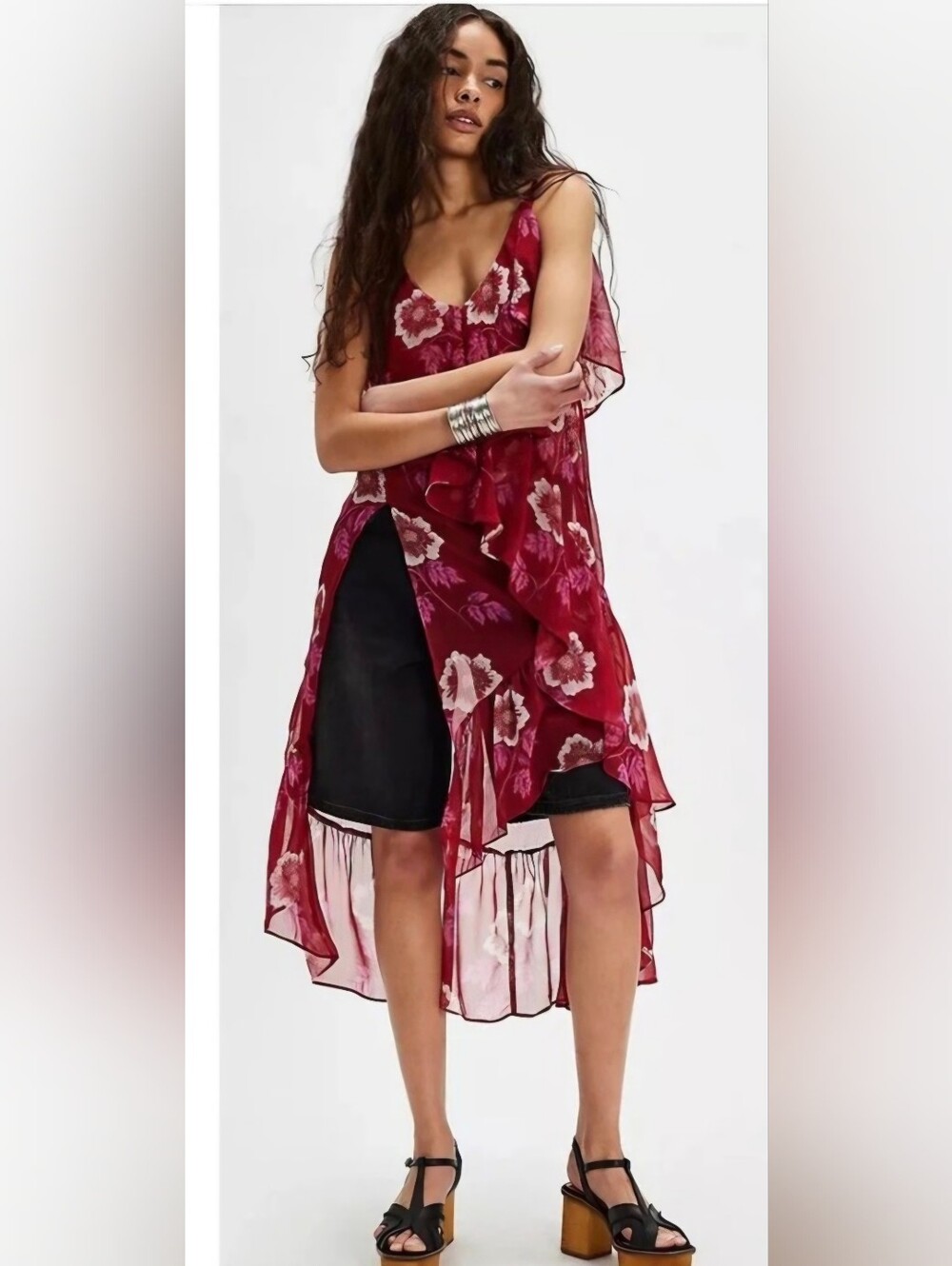 Free People NWT Sunfaded Burgundy Floral Maxi Top Syrah combo Slip Dress  XS